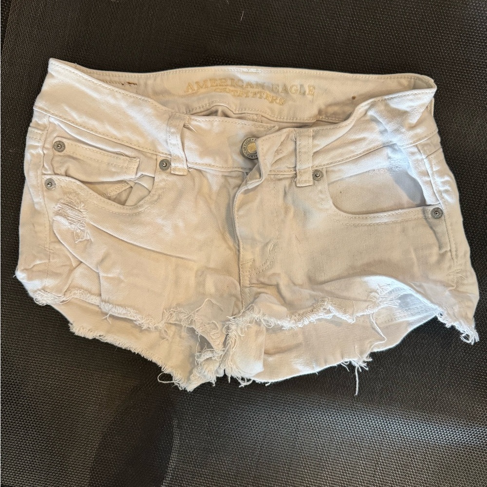 American Eagle Outfitters Women's White Distressed Low Rise Jean Shorts